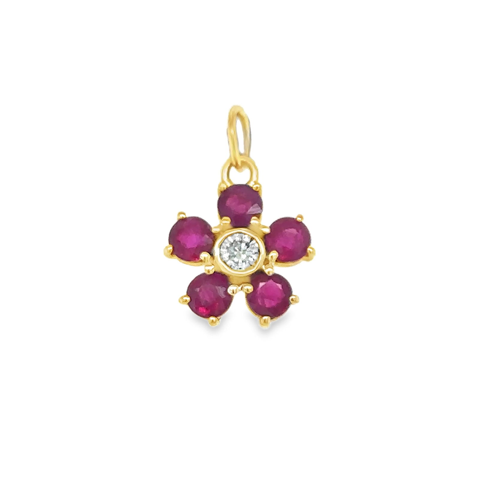 14KT YELLOW GOLD FLOWER PENDANT WITH DIAMONDS AND RUBY: 14KT YELLOW GOLD FLOWER PENDANT WITH DIAMONDS AND RUBY14KT GOLD WT. APPROX. 0.80 GRAMDIAMOND WT. APPROX. 0.13 CTS/ 01 PCSRUBY WT. APPROX. 1.09 CTS/ 5 PCPENDANT SIZE APPROX. 11 MM