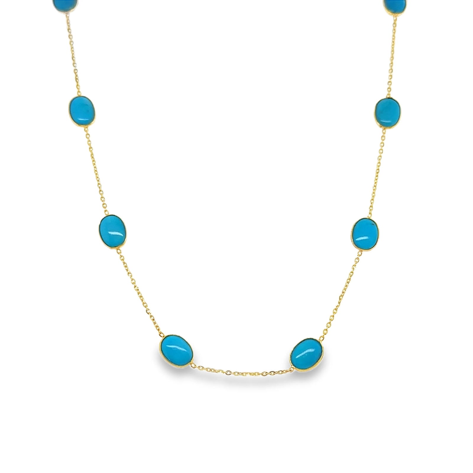 18KT YELLOW GOLD TURQUOISE COIN STATION NECKLACE: 18KT YELLOW GOLD TURQUOISE COIN STATION NECKLACE18KT GOLD WT. APPROX. 2.17 GRAMTURQUOISE WT. APPROX. 9.60 CARAT/ 10 PCS18" LONG WITH ADJUSTABLE RING ON 16" AND 17"