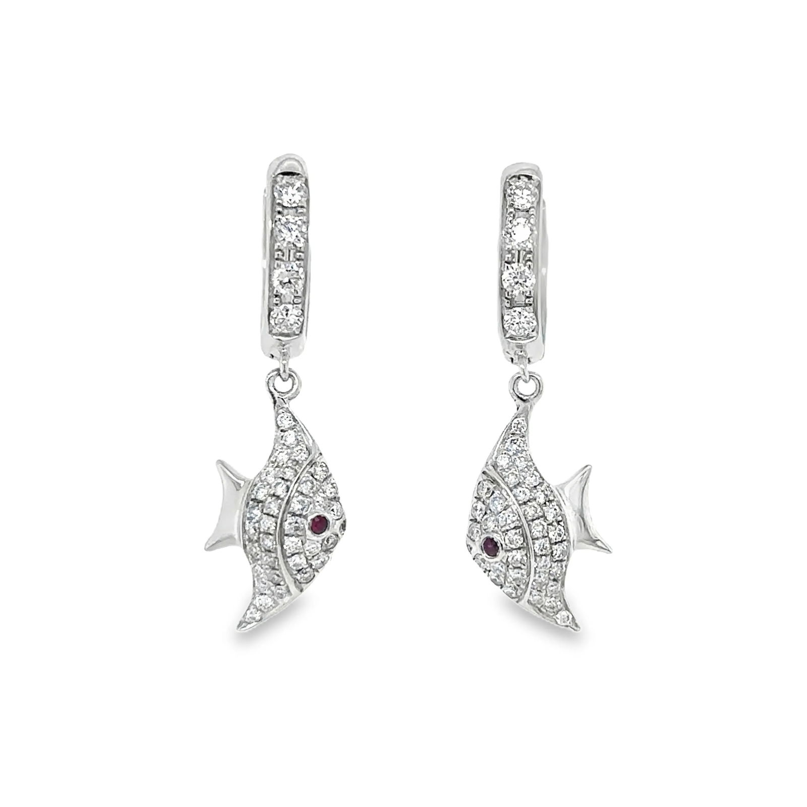 14KT WHITE GOLD DIAMOND AND RUBY DANGLING EARRING: 14KT WHITE GOLD DIAMOND AND RUBY DANGLING EARRING14KT. GOLD WT. APPROX. 2.80 GRAMDIAMOND WT. APPROX. 0.35 CTSRUBY WT. APPROX. 0.02 CTS/ 2 PCSSIZE: APPOX. 7 MM X 25.5 MM