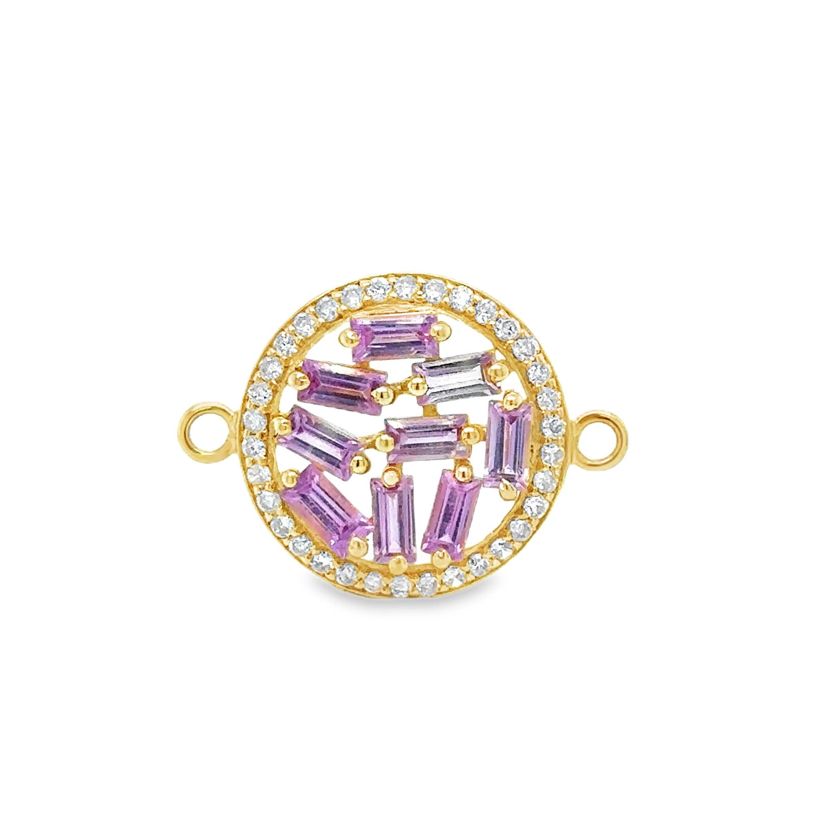 14KT YELLOW GOLD PINK SAPPHIRE DISC CONNECTOR WITH DIAMONDS: 14KT YELLOW GOLD PINK SAPPHIRE DISC CONNECTOR WITH DIAMONDS14KT. GOLD WT. APPROX. 1.68 GRAMDIAMOND WT. APPROX. 0.26 CARATPINK SAPPHIRE WT. APPROX. 1.33 CARATSIZE: 15.5 MMPRICE IS ONLY FOR PENDANT