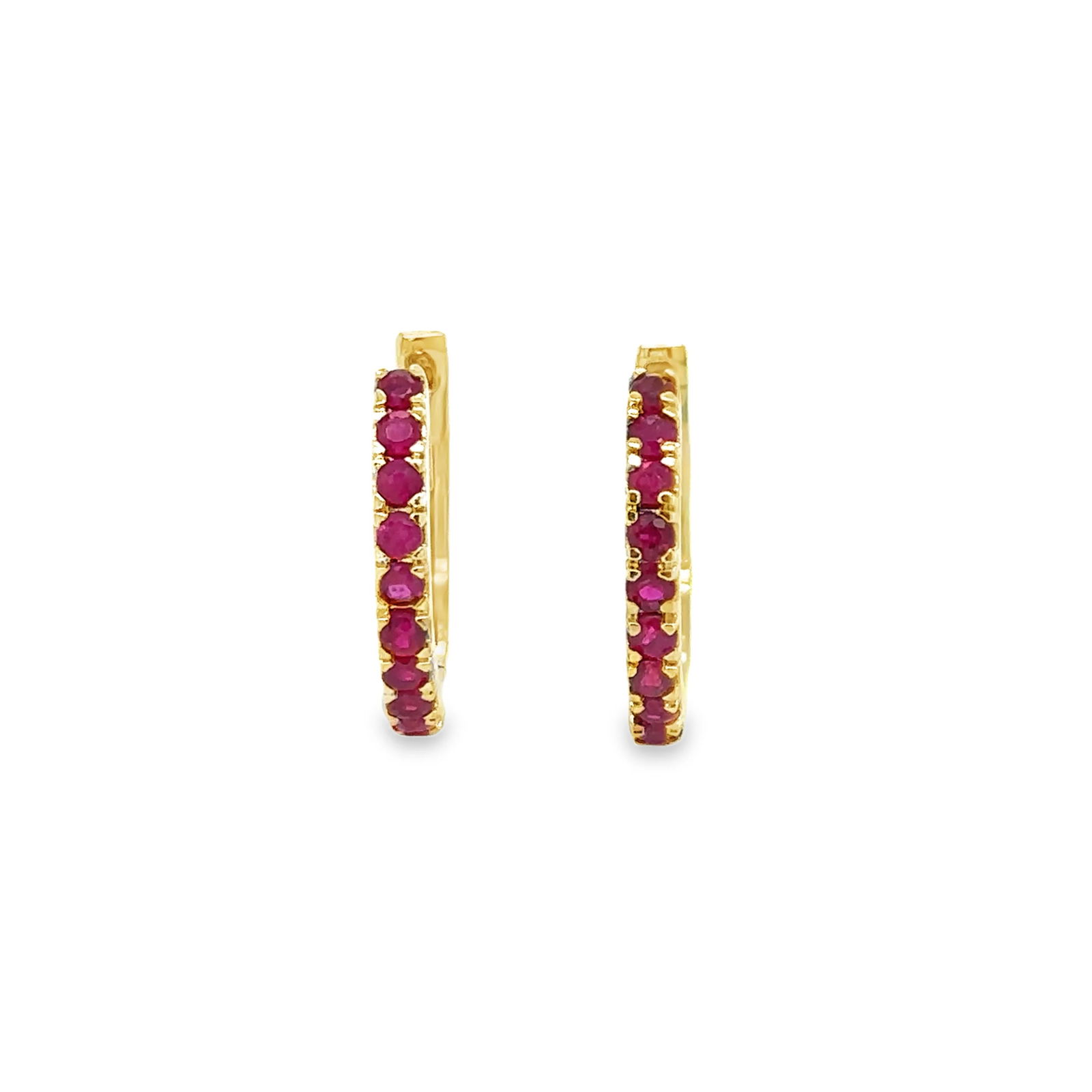 14KT YELLOW GOLD RUBY HUGGIES EARRING - 2