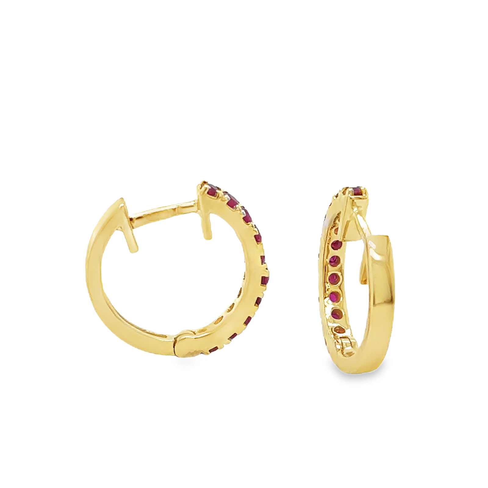 14KT YELLOW GOLD RUBY HUGGIES EARRING - 3