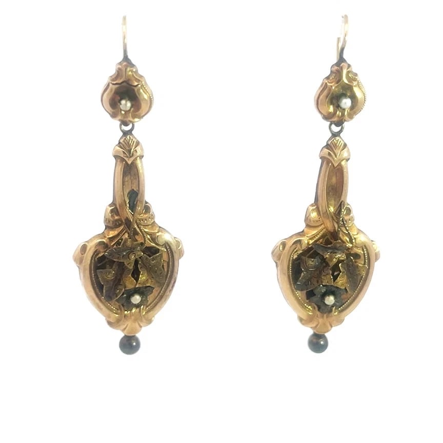 Victorian Earrings 14k Yellow Pearls Floral Dangle Style: These Victorian gold earrings feature a beautiful long puffed style frame with a floral design, perfect for those who appreciate the intricate and elegant style of the Victorian era. Made of 14k yello