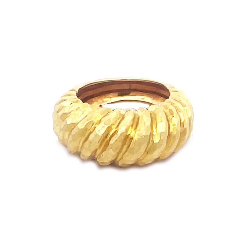 David Webb Gold Ring 18k Yellow Hammered Shell Style: This beautiful luxurious David Webb ring is crafted from 18k yellow gold featuring a unique shell shape design from high dome top to the shanks with a hammered finish, showcasing the brand's