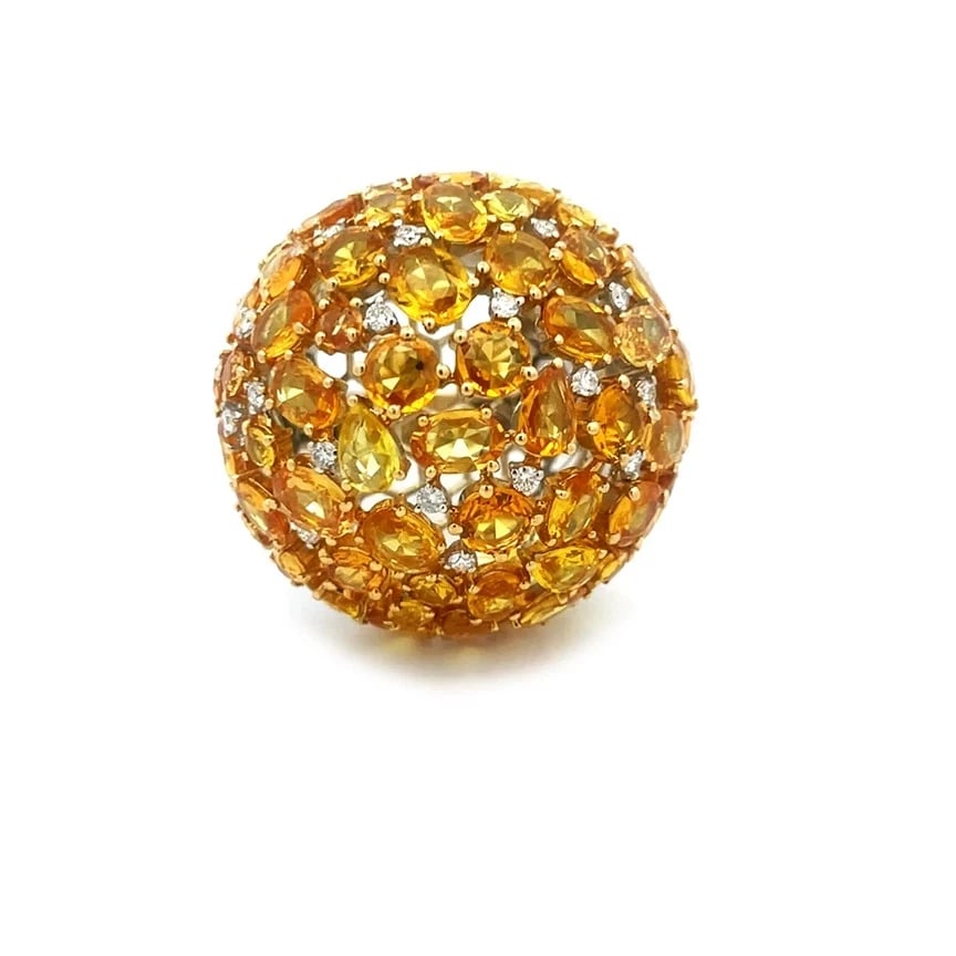 Diamond Yellow Sapphire Gold Ring 18k Two Tone Large Dome Top: This is an impressive large dome-shaped mesh ball top with assorted shape yellow sapphires in yellow gold prongs and is accented with diamonds in white gold prongs. Around the bridge of this amazing r