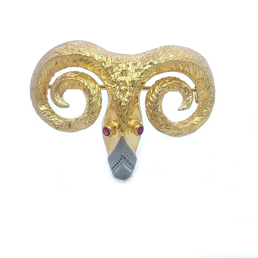 Zolotas Greece Gold Brooch 18k Two Tone Rams Head Fur Textured Style: The Zolotas Greece Gold Brooch crafted from 18k yellow and white gold, it features a unique design with yellow gold fur textured curled horns and face and the ram's mouth is in white gold. The brooch