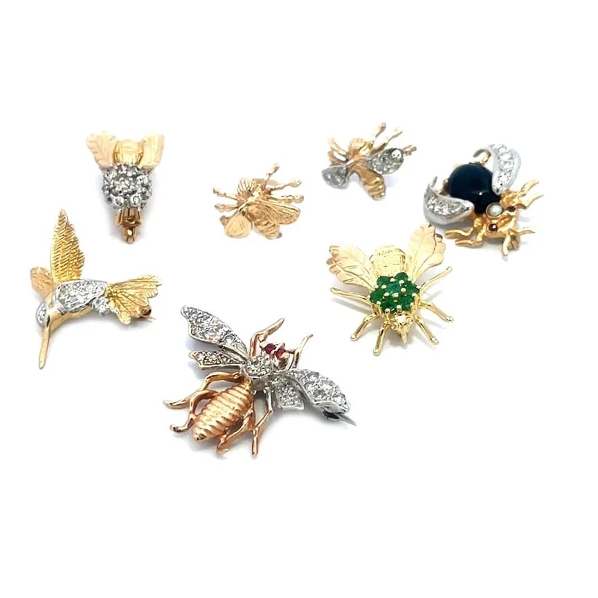 Diamond Gold Set of 7 Brooch & Tac Pins 14k Two Tone Gems Bird Bees & Bugs (1 of 7)