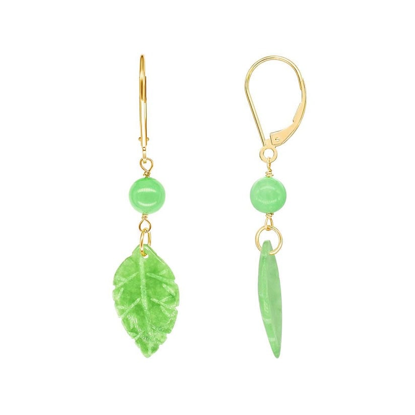 14k Green Jade Leaf Leverback Drop Earring: High-polished 14-karat yellow gold leaf leverback drop earrings perfectly set with green Jade. Sensitive-skin friendly and won't tarnish.Exceptional Gemstones, Each gemstone is carefully selected and