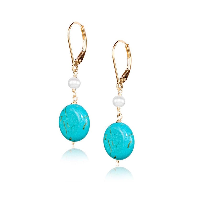 14k White Freshwater Pearl Turquoise Coin Leverback Earring: High-polished 14-karat yellow gold leverback earrings perfectly set with White Freshwater Pearl and coin shape Turquoise. Sensitive-skin friendly and won't tarnish.Exceptional Gemstones, Each gemstone
