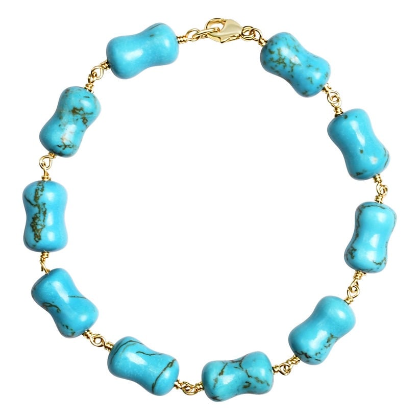 14k Turquoise Dog Bone Bracelet 7.75-8": High-polished 14-karat yellow gold link bracelet perfectly set with Turquoise Dog Bone. Sensitive-skin friendly and won't tarnish.Exceptional Gemstones, Each gemstone is carefully selected and cut by