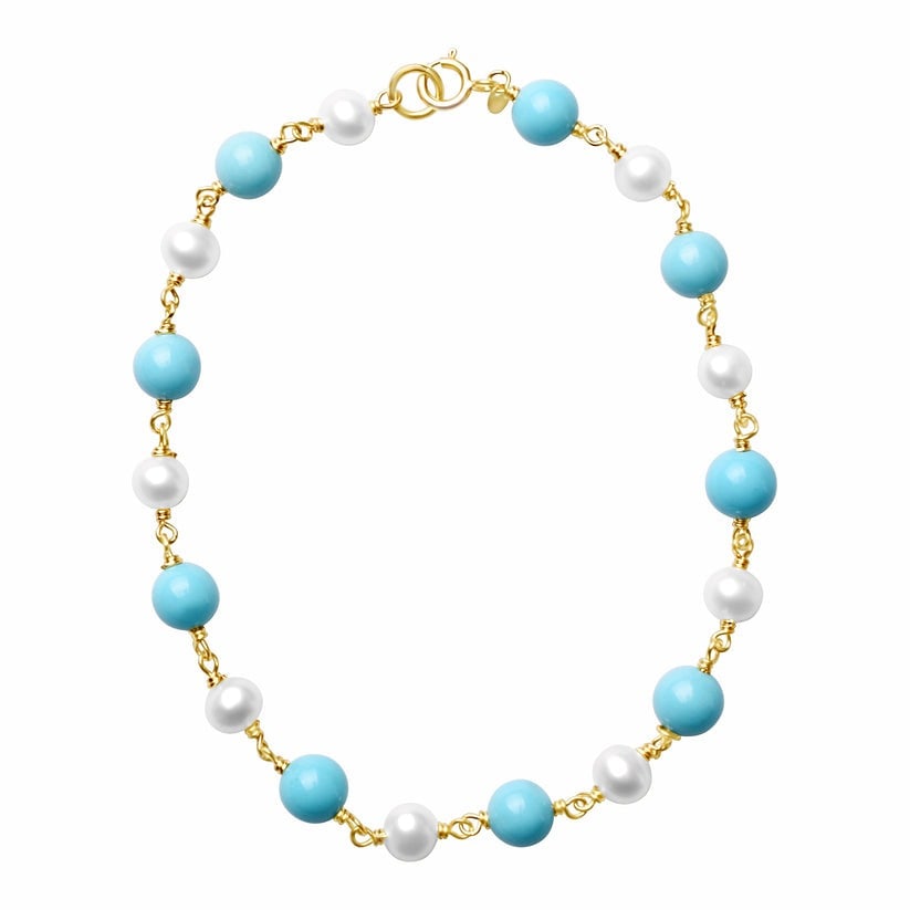 14k Turquoise White Freshwater Pearls Round 1x1 Link Bracelet: High-polished 14-karat yellow gold linked bracelet perfectly set with Turquoise and White Freshwater Pearls. Sensitive-skin friendly and won't tarnish.Exceptional Pearls, All of our pearls are freshwa