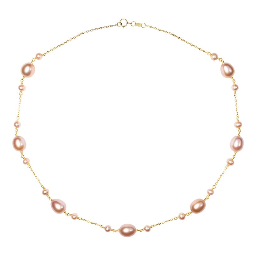 14k Pink Freshwater Pearl 7-Station Link Necklace: High-polished 14-karat yellow gold 7 station link necklace perfectly set with Pink Freshwater Pearl. Sensitive-skin friendly and won't tarnish.Exceptional Pearls, All of our pearls are freshwater hand