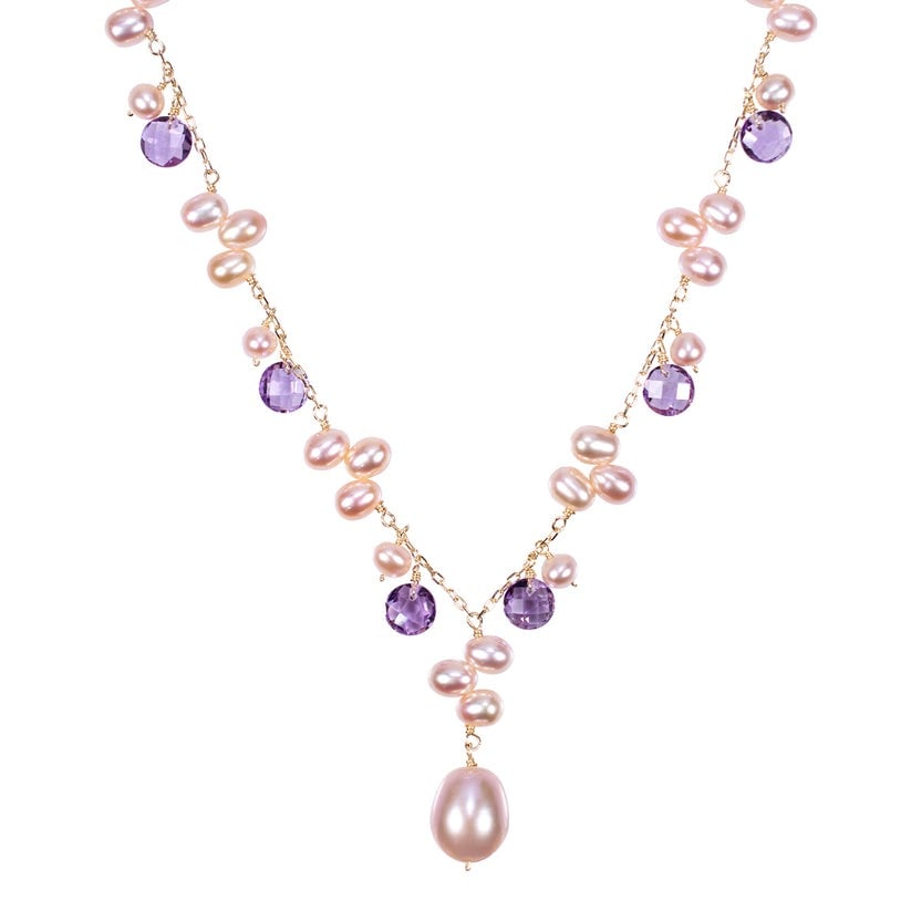 14k Pink Freshwater Pearl Amethyst Necklace: High-polished 14-karat yellow gold necklace perfectly set with Pink Freshwater Pearl and coin shaped briolette-cut Amethyst. Sensitive-skin friendly and won't tarnish.Exceptional Gemstones Each gemsto