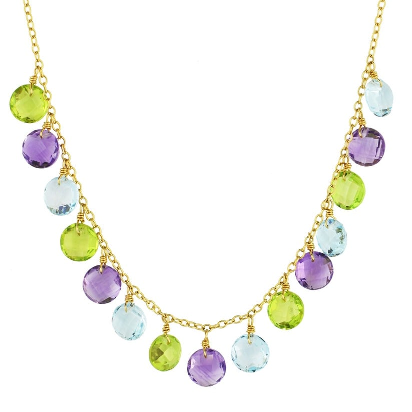 14k Peridot, Amethyst, and Sky Blue Topaz Coin Drop Necklace: High-polished 14-karat yellow gold coin drop necklace perfectly set with Peridot, Amethyst, and Sky Blue Topaz. Sensitive-skin friendly and won't tarnish.Exceptional Gemstones, Each gemstone is exclus