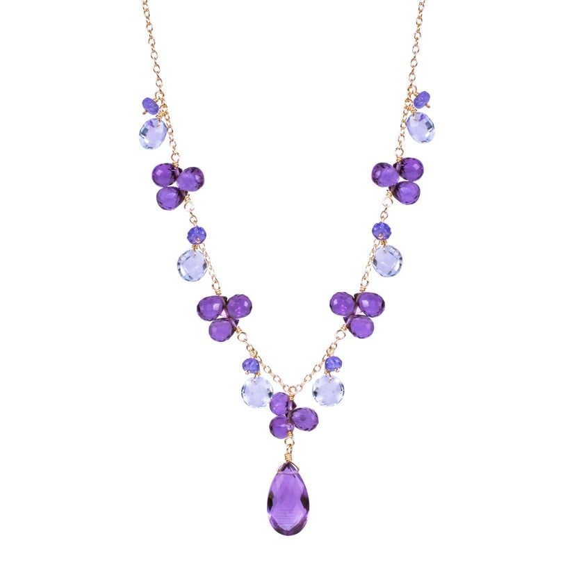 14k Blue Topaz Amethyst Tanzanite Necklace: High-polished 14-karat yellow gold necklace perfectly set with Blue Topaz, Amethyst and Tanzanite gemstones. Sensitive-skin friendly and won't tarnish.Exceptional Gemstones, Each gemstone is exclusive