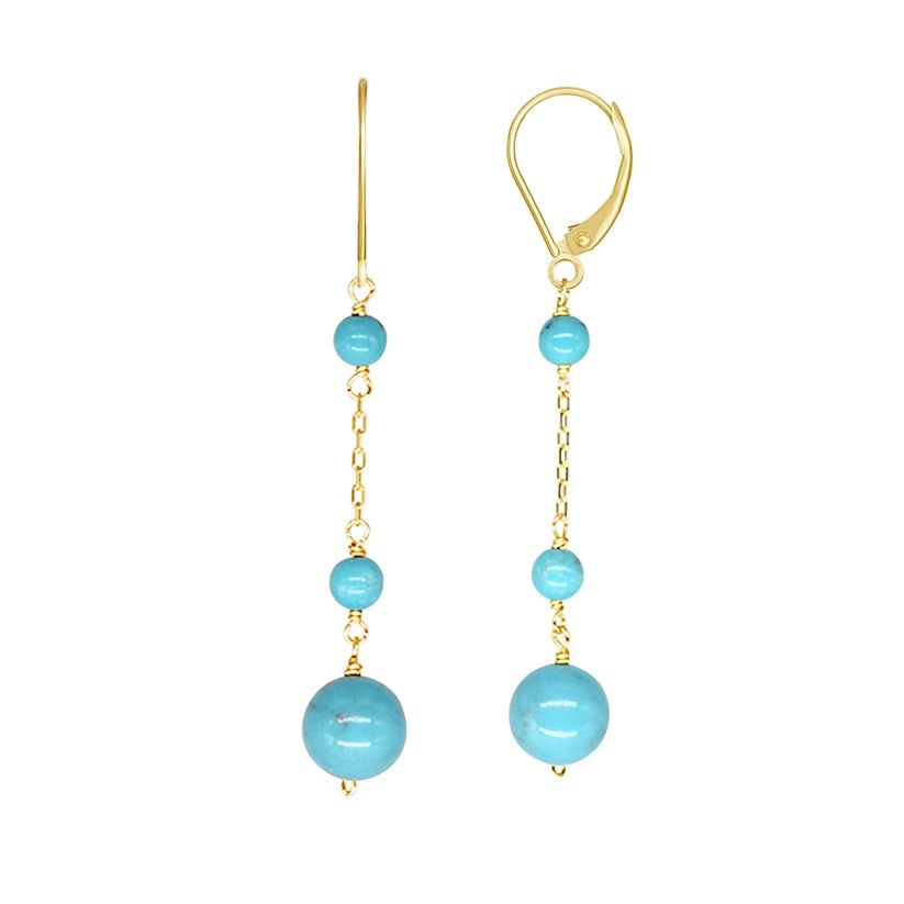 14k Turquoise Dangle Leverback Earring: High-polished 14-karat yellow gold leverback dangle earring perfectly set with Turquoise beads. Sensitive-skin friendly and won't tarnish.Exceptional Gemstones, Each gemstone is carefully selected and