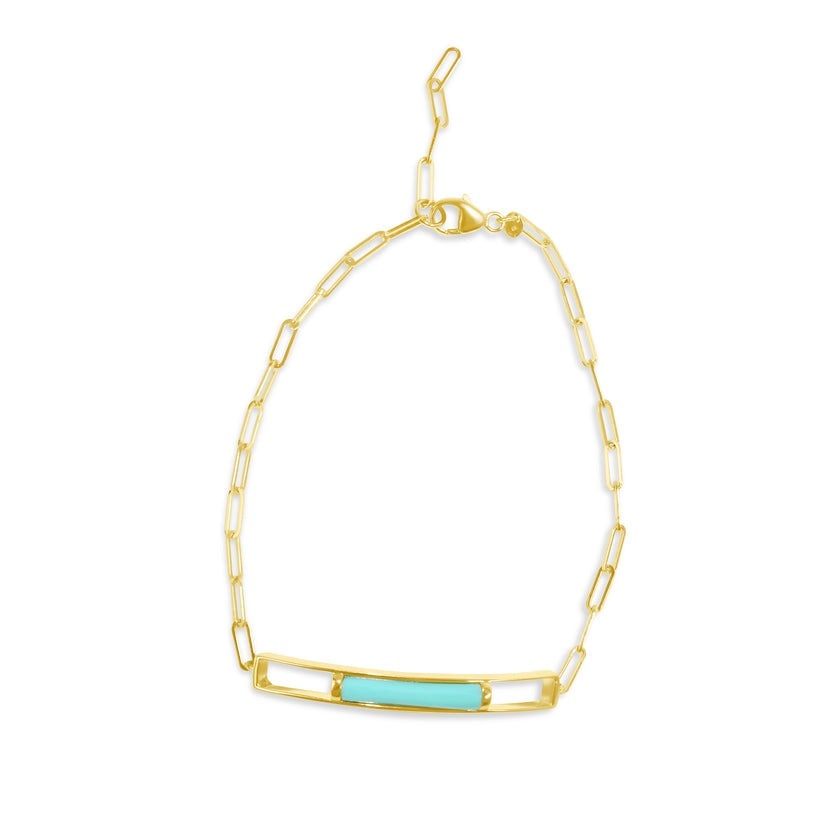 14k Turquoise Curved Bar Paperclip Bracelet: Elevate your style with our stunning 14k Turquoise Curved Bar Paperclip Bracelet. Crafted from high-quality materials, this 7.75" bracelet features a unique curved bar design with vibrant turquoise ac