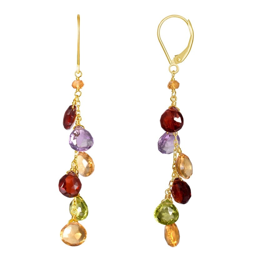 14k Garnet, Amethyst, Citrine, and Peridot Leverback Drop Earring: High-polished 14-karat yellow gold leverback drop earring perfectly set with Garnet, Amethyst, Citrine, and Peridot. Sensitive-skin friendly and won't tarnish.Exceptional Gemstones. Each gemstone is c