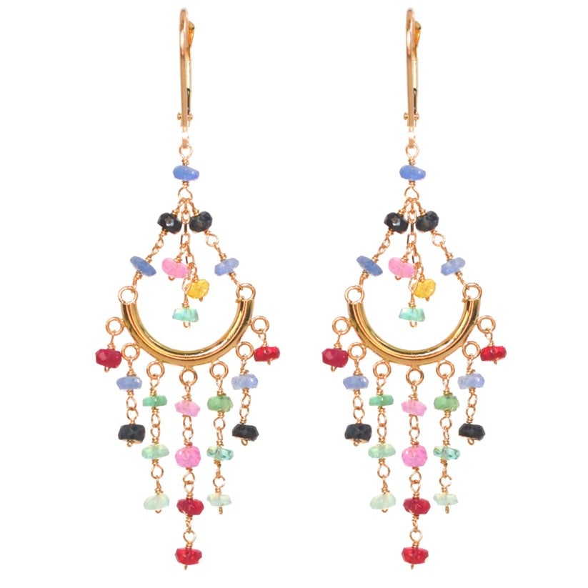14k Multi Precious Stones Chandelier Leverback Earring: These elegant 14k yellow gold chandelier earrings add a touch of sophistication to any look. Crafted in a classic chandelier design with your choice of gemstones these earrings are sure to make a stat