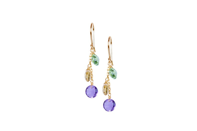14k Peridot, Citrine, and Amethyst Triple Coin Hook Earring: High-polished 14-karat yellow gold hook earring perfectly set with coin shape Peridot, Citrine, and Amethyst. Sensitive-skin friendly and won't tarnish.Exceptional Gemstones, Each gemstone is carefull