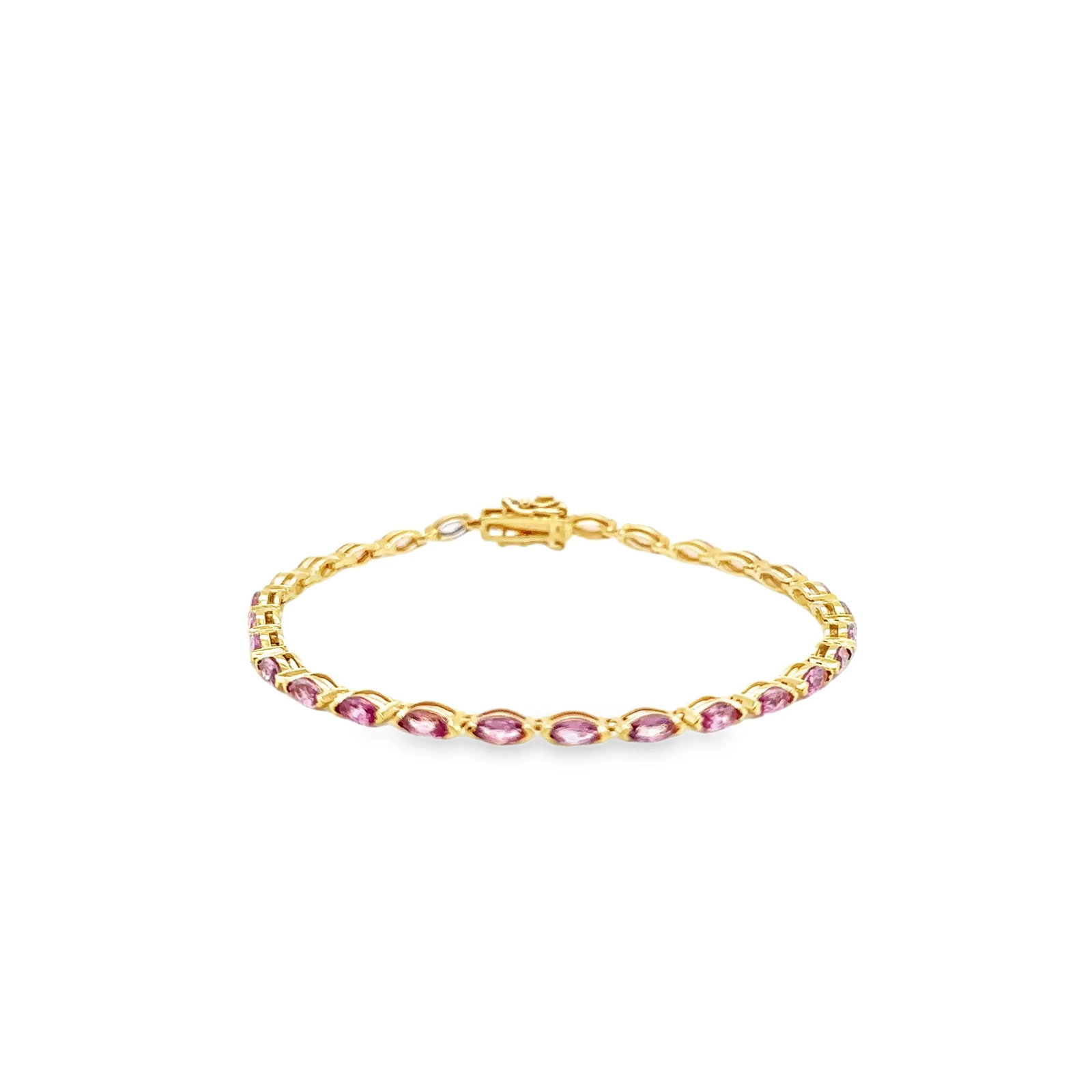 14KT YELLOW GOLD PINK SAPPHIRE BRACELET: 14KT YELLOW GOLD PINK SAPPHIRE BRACELET 7"14KT GOLD WT. APPROX. 5.80 GRAMPINK SAPPHIRE WT. APPROX. 4.70 CARAT/ 28 PCS
