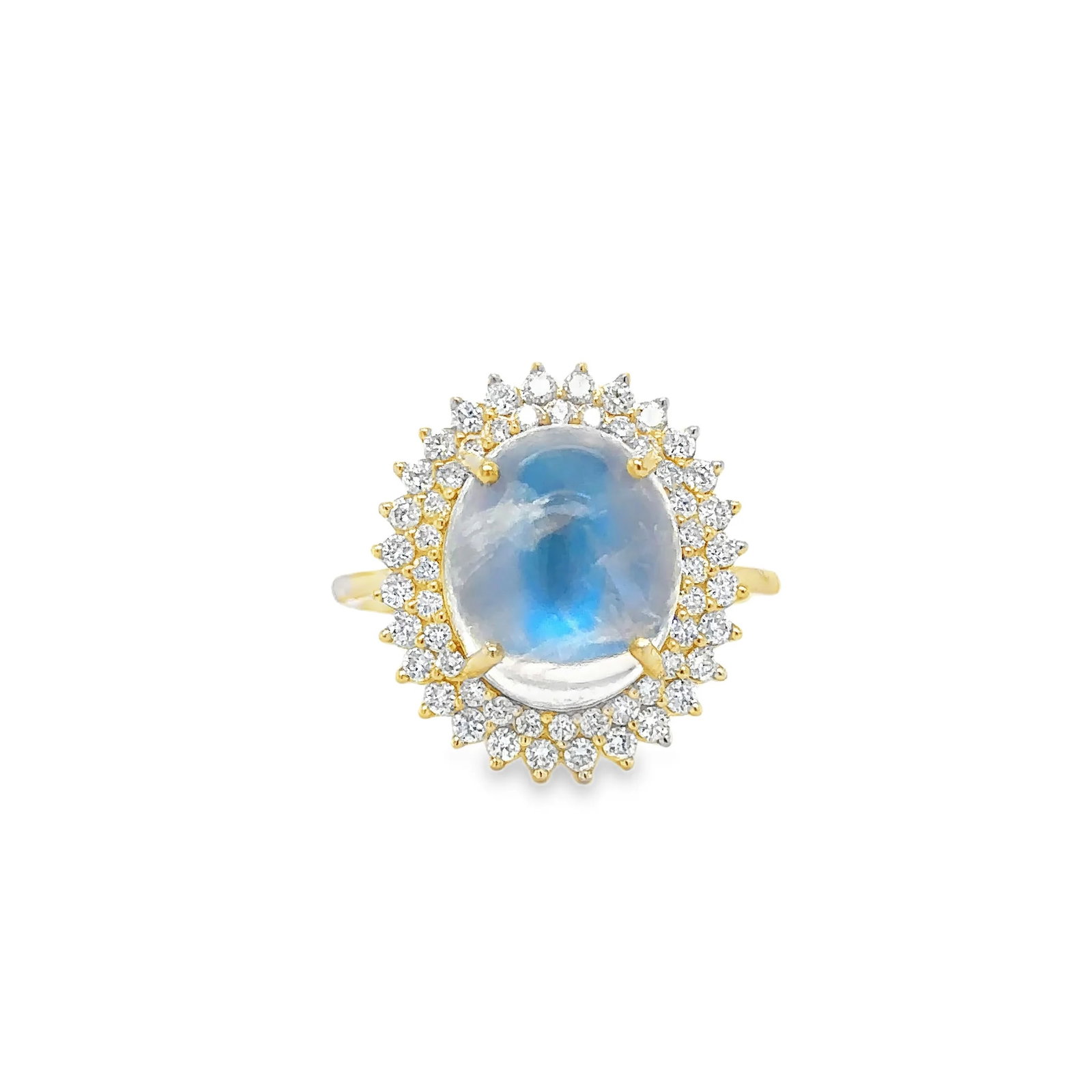 14KT YELLOW GOLD RAINBOW MOONSTONE AND DIAMONDS RING (Copy): 14KT YELLOW GOLD RAINBOW MOONSTONE AND DIAMONDS RING14KT GOLD WT. APPROX. 4.69 GRAMDIAMOND WT. APPROX. 0.58 CARAT / 56 PCSRMS WT. APPROX. 6.42 CARAT