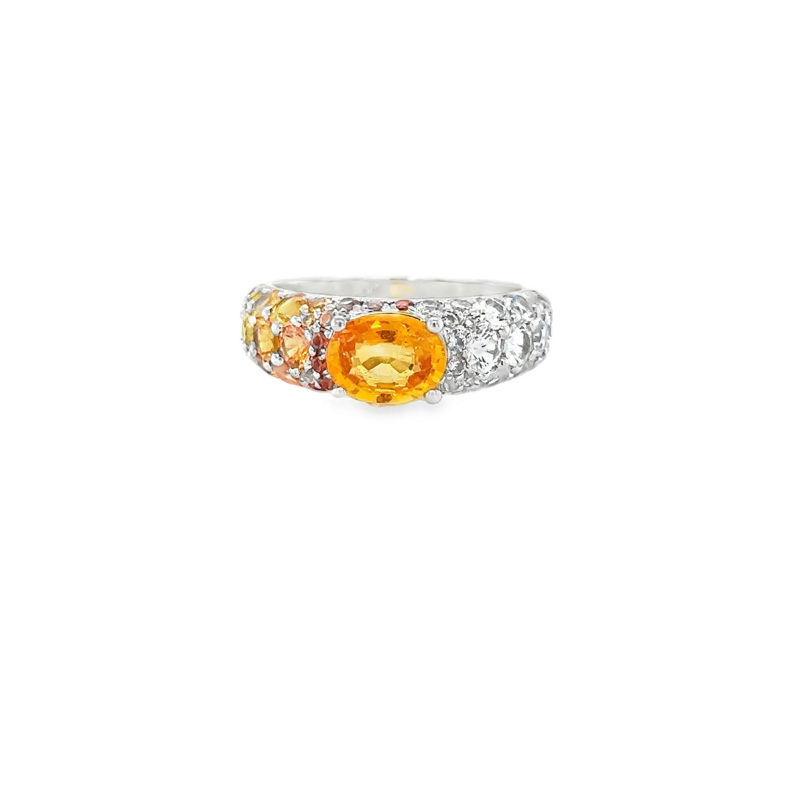 18KT GOLD WHITE AND ORANGE SAPPHIRE RING: 18KT WHITE GOLD SAPPHIRE RING18KT GOLD WT. APPROX. 4.53 GRAMSAPPHIRE WT. APPROX. 4.06 CT