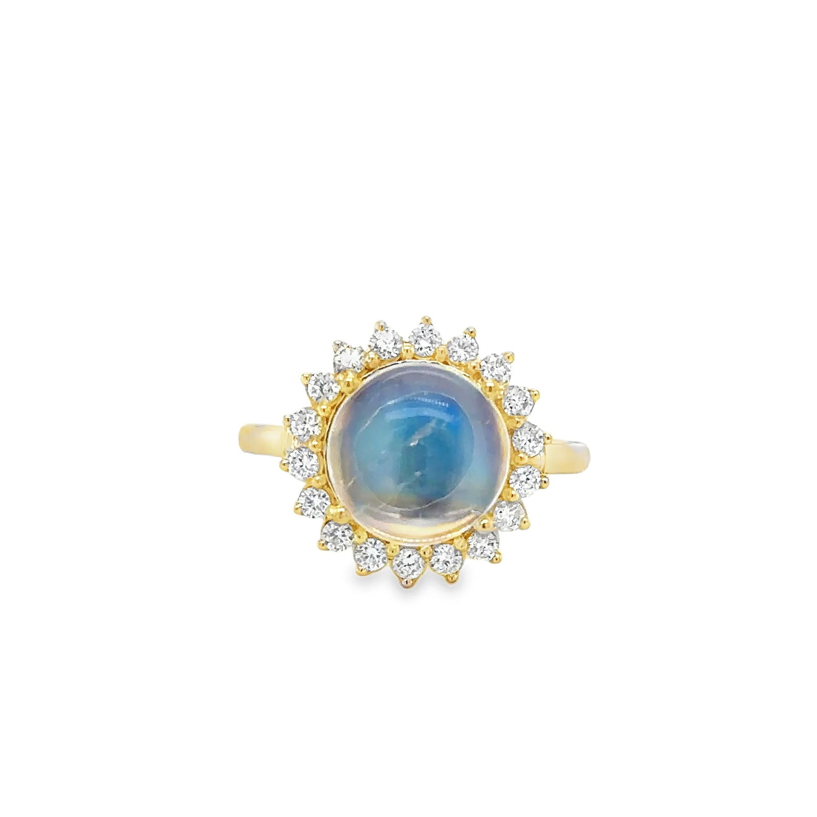 14KT YELLOW GOLD RAINBOW MOONSTONE AND DIAMONDS RING: 14KT YELLOW GOLD RAINBOW MOONSTONE AND DIAMONDS RING14KT GOLD WT. APPROX. 4.48 GRAMDIAMOND WT. APPROX. 0.44 CARAT / 18 PCSRMS WT. APPROX. 3.40 CARAT