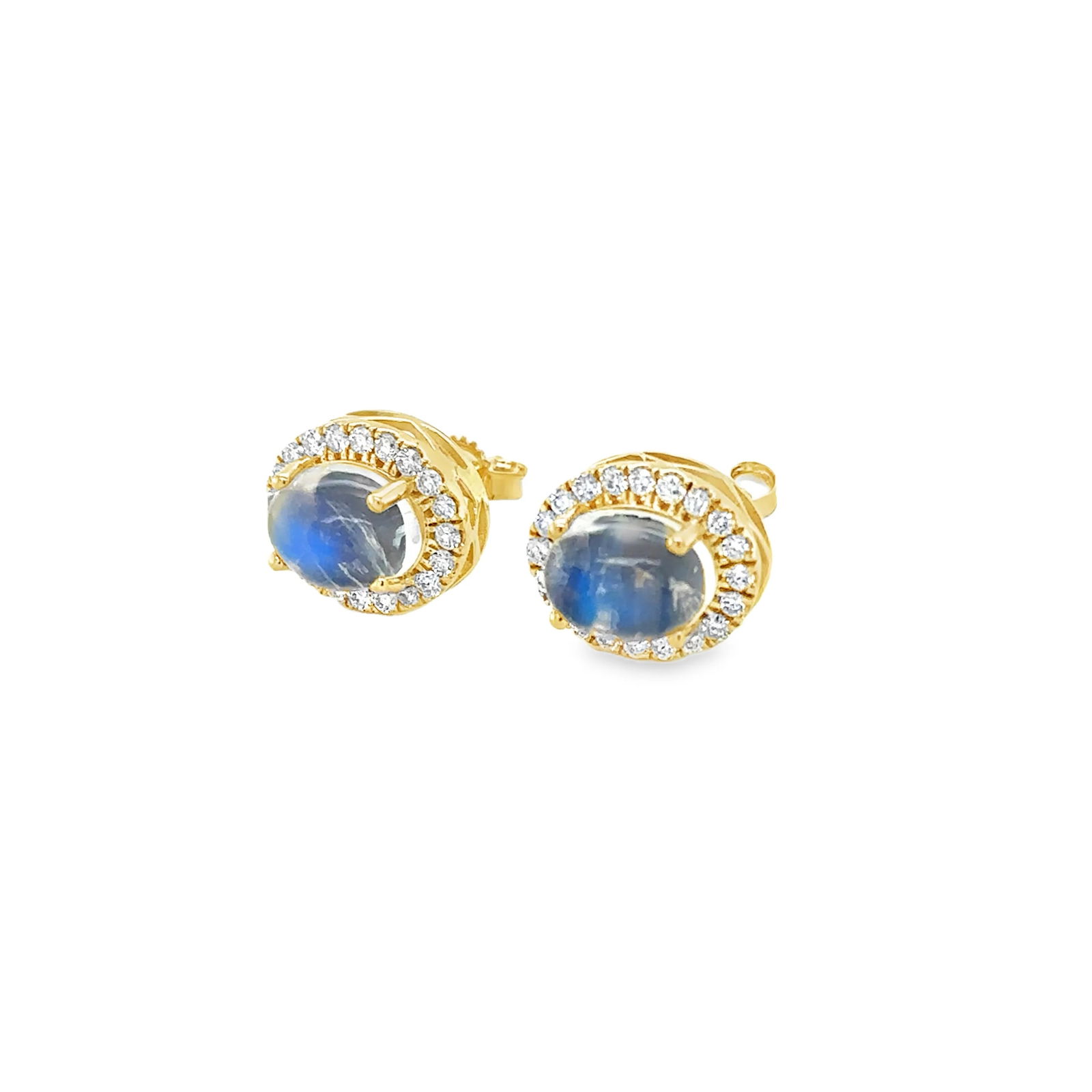 14KT YELLOW GOLD RAINBOW MOONSTONE DIAMOND EARRING: 14KT YELLOW GOLD RAINBOW MOONSTONE DIAMOND RING14KT GOLD WT. APPROX. 3.00 GRAMDIAMOND WT. APPROX. 0.40 CARAT / 40 PCSRMS WT. APPROX. 3.54 CARATSIZE:APPROX: 10 X 12 MM