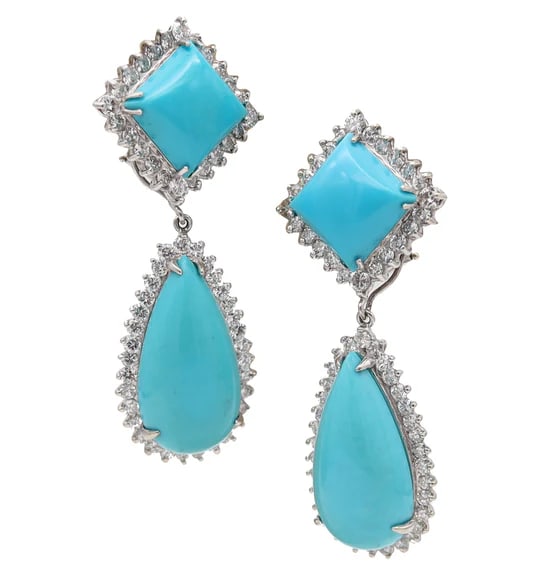 MODERNIST Convertible Dangle Earrings In 18Kt Gold With Turquoises & Diamonds: Pair of convertible day & night dangle earrings with turquoises.These are a magnificent pair of vintage dangle-drop earrings created during the modernist period, back in 1970. The pair of earrings wer