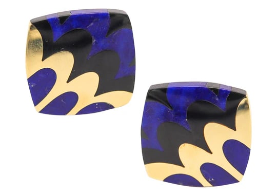 TIFFANY & CO. 1977 Angela Cummings Clips Earrings In 18Kt Gold Lapis & Black Jade: Pair of clips-on earrings designed by Angela Cummings for Tiffany & Co.These wonderful and rare pair of clips-on earrings, were created in New York city by Angela Cummings for Tiffany & Co., back in t