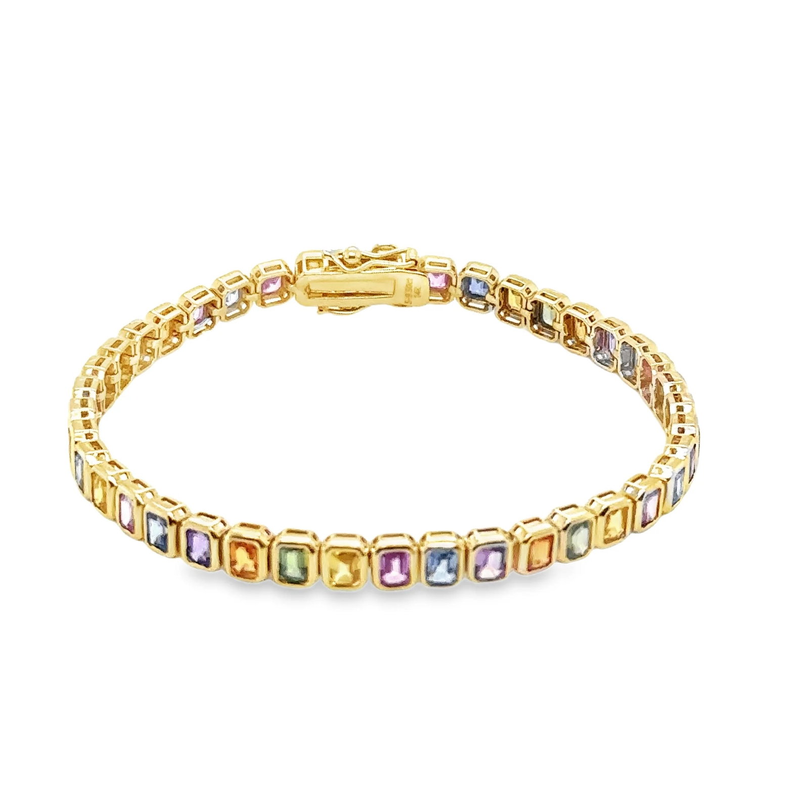 14KT GOLD MULTI SAPPHIRE BRACELET: 14KT YELLOW GOLD EMERALD CUT MULTI SAPPHIRE BRACELET 7"14KT GOLD WT. APPROX. 11.65 GRAMMULTI SAPPHIRE WT. APPROX. 9.50 CARAT / 36 PCSLENGTH: 7 INCHES WIDTH APPROX. 5 MM