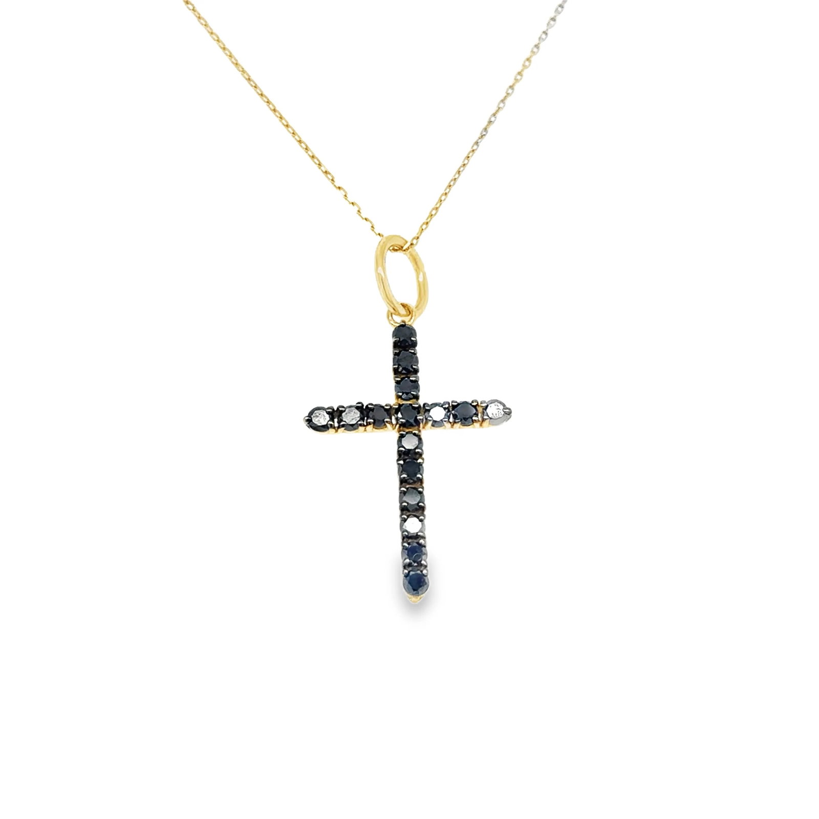 14KT GOLD BLACK DIAMOND CROSS PENDANT: 14KT YELLOW GOLD BLACK DIAMOND CROSS PENDANT14KT GOLD WT. APPROX. 0.70 GRAMBLACK DIAMOND WT. APPROX. 0.45 CARAT / 16 PCSSIZE APPROX. - 15 MM X 23 MMPRICE IS ONLY FOR PENDANT WITHOUT CHAINTHE SAME