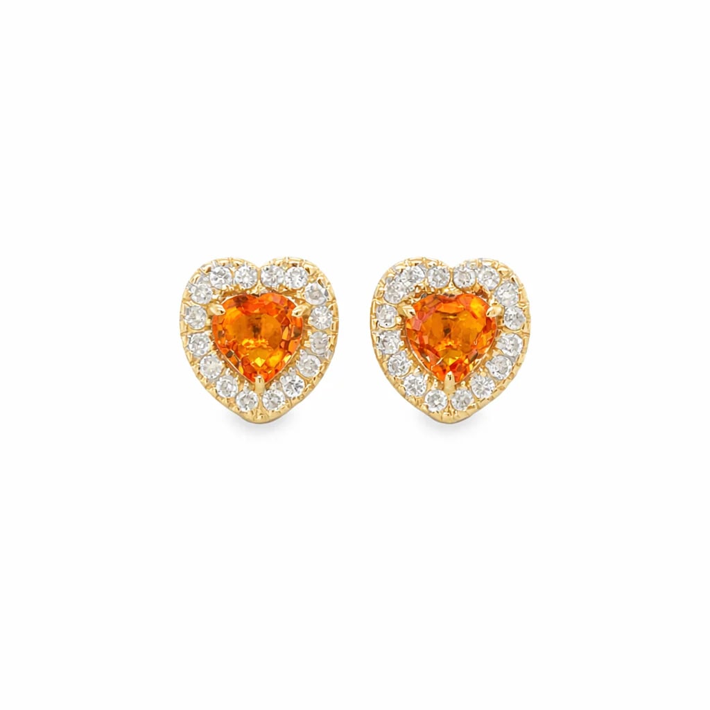14KT YELLOW GOLD ORANGE SAPPHIRE AND DIAMONDS HEART SHAPE EARRING: 14KT YELLOW GOLD ORANGE SAPPHIRE AND DIAMONDS EARRING14KT GOLD WT. APPROX. 1.65 GRAMDIAMOND WT. APPROX. 0.35 CARAT/ 32 PCSORANGE SAPPHIRE WT. APPROX. 0.68 CARAT / 2 PCSSIZE: APPROX. - 8.5 X 8 MM