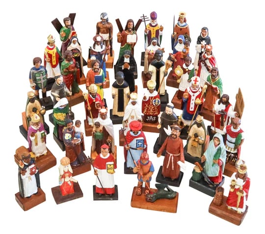 PUERTO RICO Vintage Collection of 42 Hand Carved Wood "Santos De Palo": Puerto Rican Santos de Palo are hand-carved wooden figures of saints and religious icons, representing a 400-plus-year tradition of folk art. Originating in the 16th century due to a shortage of pries