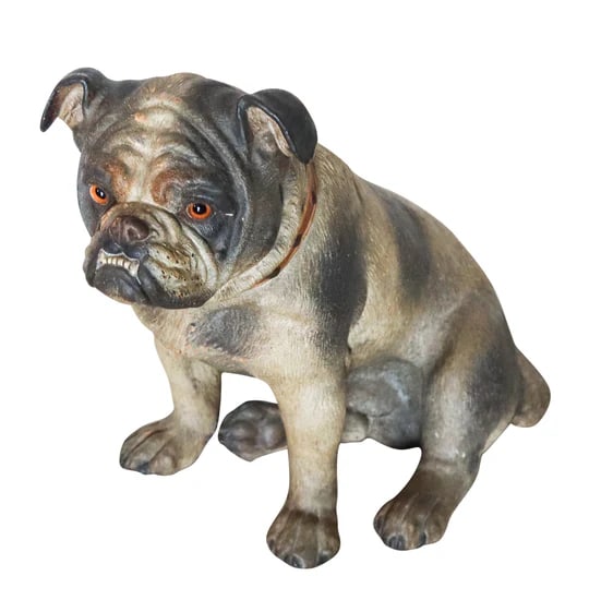 AUSTRIAN 1890 Decorative Seated Bull Dog In Polychrome Terracotta Model: An Austrian antique English bulldog in terracotta.This is an antique large figure of a seated English Bulldog created in Vienna Austria in the last quarter of the 19th century, back in 1890. The sculp