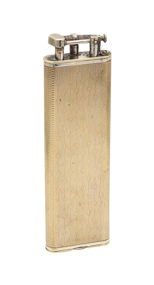 ALFRED DUNHILL 1928 Art-Deco Unique Single Arm Tall Club Lighter In Gilt Guilloche: Alfred Dunhill Paris Petrol tall club lighter.This is a very nice petrol club lighter designed and retailed at the Alfred Dunhill Company stores in Paris and London. This unusual lighter was designed