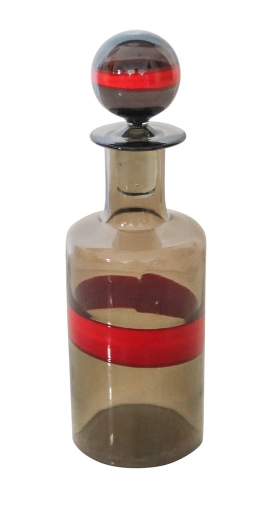 VENINI 1951 By Fulvio Bianconi Murano Amber Bottle Red Fasce Orizontali Art Glass: A fasce-orizontali amber bottle designed by Fulvio Bianconi for Venini.This is a very rare art-glass tall bottle with stoper designed by the artist Fulvio Bianconi for the Venini company, back in 1950