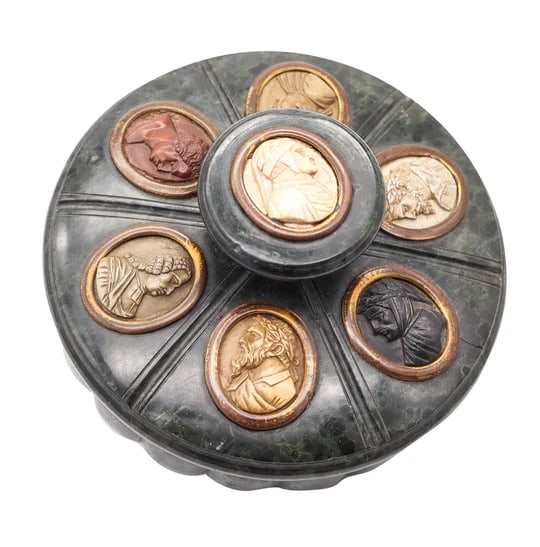 ITALIAN 1820 Grand Tour Inkwell In Marble Carved Lava & Vesuvius Gouache: An unusual antique gran-tour inkstand with Vesuvius gouache.This a very rare circular inkstand created in Italy, back in the 1820's. This inkwell was masterfully carved in Naples in serpentine marble