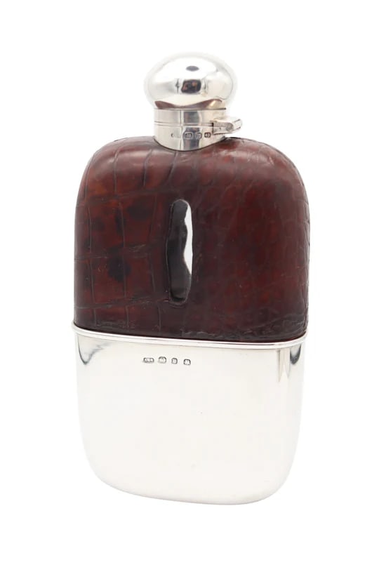 AARON LUFKIN DENNISON 1886 Birmingham Liquor Flask In .925 Sterling Silver & Leather: Liquor flask bottle designed by Aaron Lufkin Dennison.This is a very handsome and handy liquor flask bottle created in Birmingham England by the silversmiths of Aaron Lufkin Dennison, back in the 1894