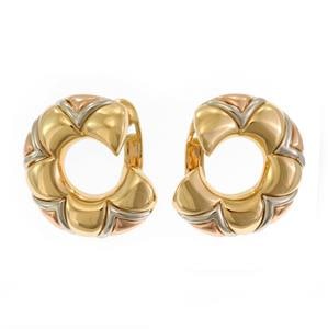 Bvlgari 18k Tri-Color Gold Fancy Designer Huggie Earrings: This beautiful authentic pair of huggie earrings are by Bvlgari, they are crafted from 18k rose, white and yellow gold with a polished finish featuring a 10mm wide band in a C shape and fancy V design