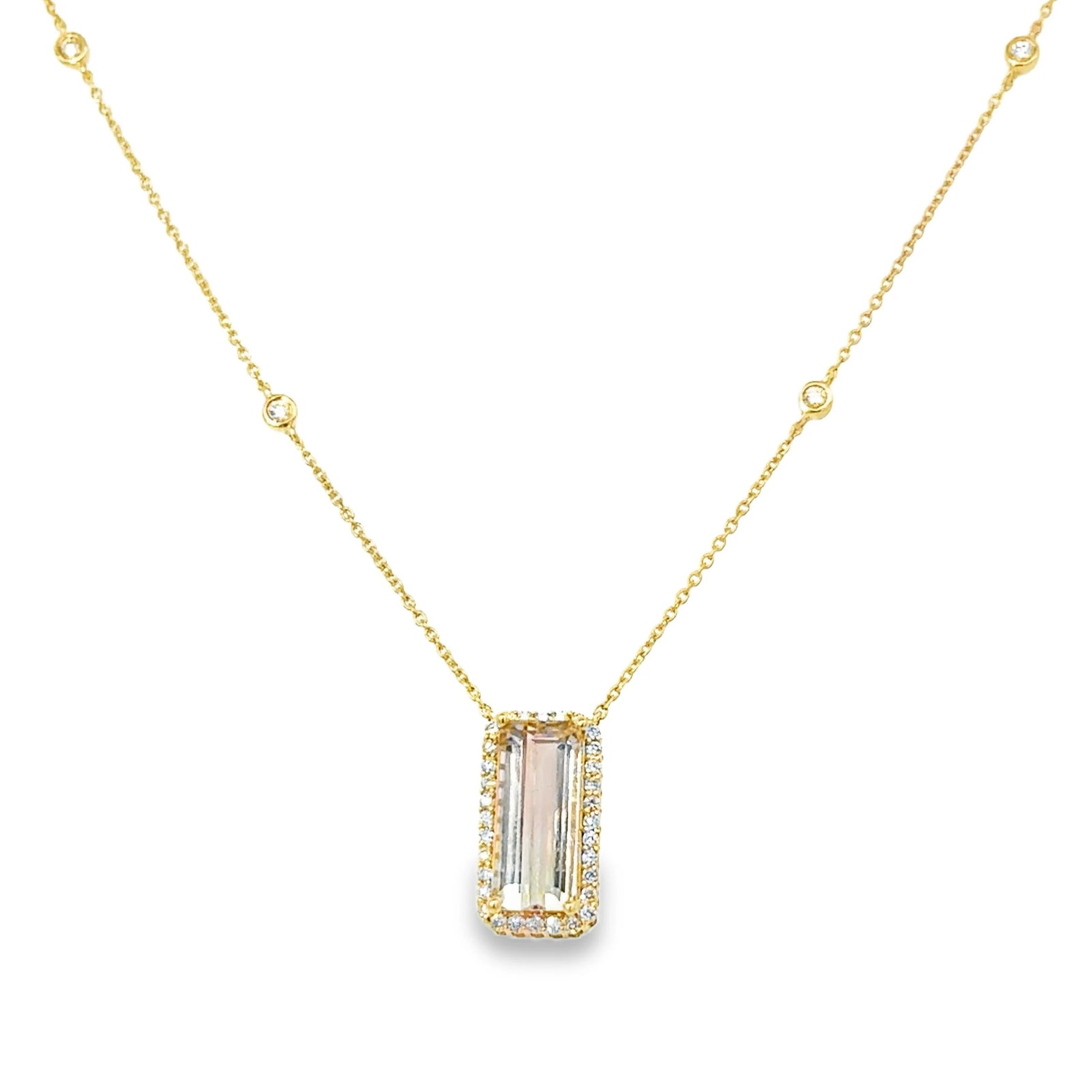 14KT GOLD PINK TOURMALINE 18" NECKLACE WITH DIAMONDS: 14KT YELLOW GOLD PINK TOURMALINE 18" NECKLACE WITH DIAMONDS14KT GOLD WT. APPROX. 2.912 GRAMPINK TOURMALINE WT. APPROX. 3.39 CARAT DIAMWT. APPROX. 0.3 CARAT / 38 PCS