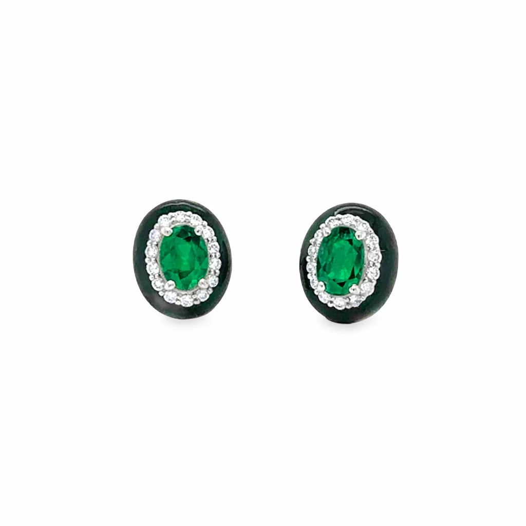 18KT GOLD EMERALD AND DIAMONDS BLACK ENAMEL EARRING: 18KT GOLD EMERALD AND DIAMONDS BLACK ENAMEL EARRING18KT GOLD WT. APPROX. 2.37 GRAMDIAMOND WT. APPROX. 0.22 CARAT / 28 PCSEMERALD WT. APPROX. 0.74 CARAT / 02 PCSSIZE APPOX. - 11 MM X 9 MM