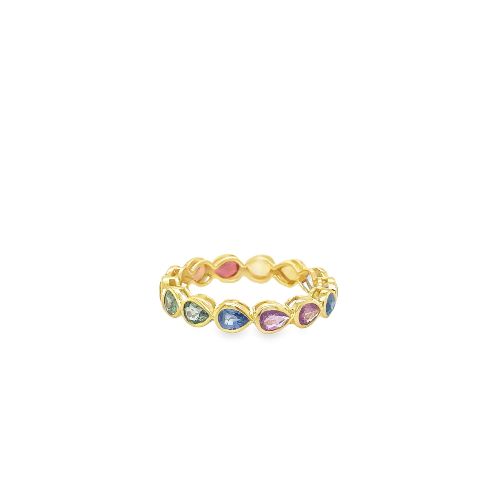 14KT GOLD PEAR SHAPE MULTI SAPPHIRE RING: 14KT YELLOW GOLD PEAR SHAPE MULTI SAPPHIRE RING14KT GOLD WT. APPROX. 1.62 GRAMSAPPHIRE WT. APPROX. 2.61 CARAT / 14 PCSAVAILABLE IN SIZE SIZE 7
