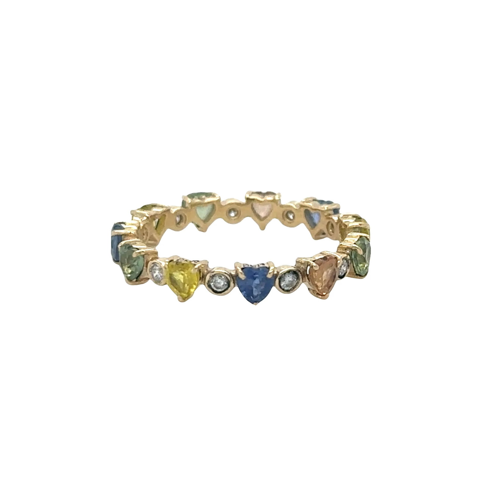 14KT GOLD HEART SHAPE MULTI SEPHHIRE WITH DIAMOND RING: 14KT YELLOW GOLD HEART SHAPE MULTI SEPHHIRE WITH DIAMOND RING14KT GOLD WT. APPROX. 1.36 GRAMDIAMOND WT. APPROX. 0.20 CTS / 11 PCSMULTI SEPHHIRE WT. APPROX 1.55 CTS / 11 PCSRING SIZE: 7SIZE APPROX. - 2