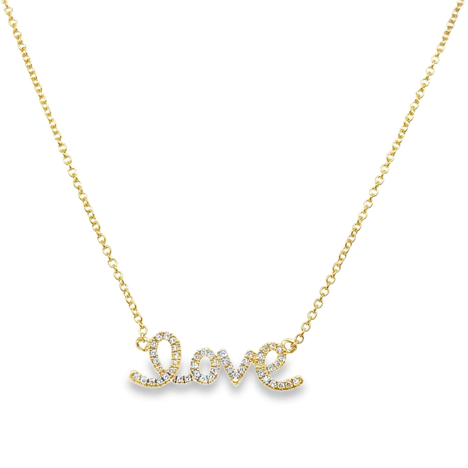 18KT GOLD DIAMOND LOVE NECKLACE: 18KT YELLOW GOLD DIAMOND LOVE NECKLACE 18"18KT GOLD WT. APPROX 2.08 GRAMDIAMOND WT. APPROX. 0.07 CARAT/ 48 PCS18" LONG CHAIN WITH ADJUSTABLE RING ON 16" & 17" EXTENDER