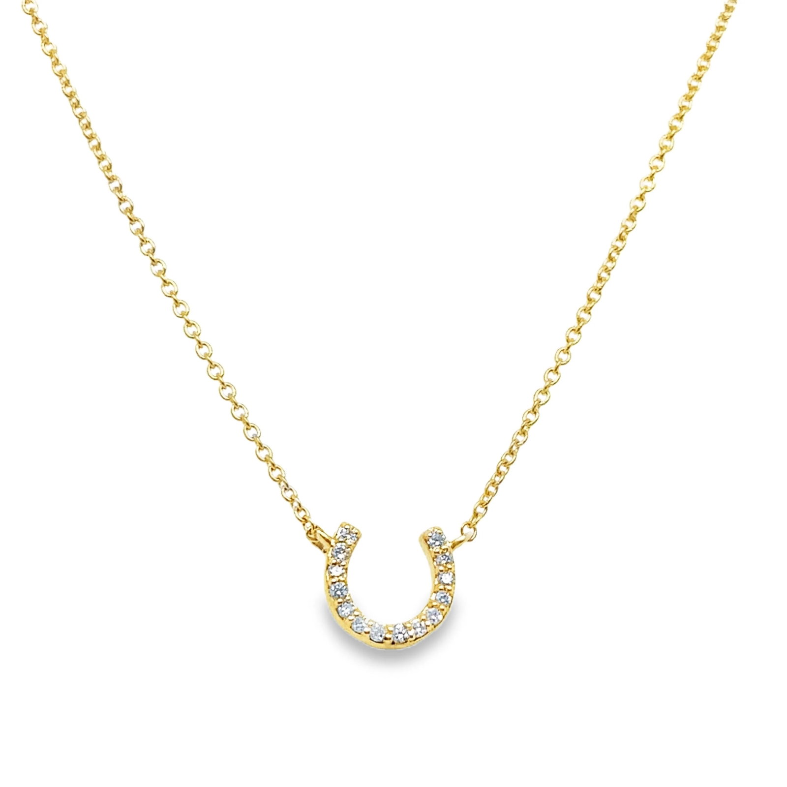 18KT GOLD DIAMOND HORSESHOE NECKLACE: 18KT YELLOW GOLD DIAMOND HORSESHOE NECKLACE 18"18KT GOLD WT. APPROX 2.05 GRAMDIAMOND WT. APPROX. 0.07 CARAT/ 14 PCS18" LONG CHAIN WITH ADJUSTABLE RING ON 16" & 17" EXTENDER