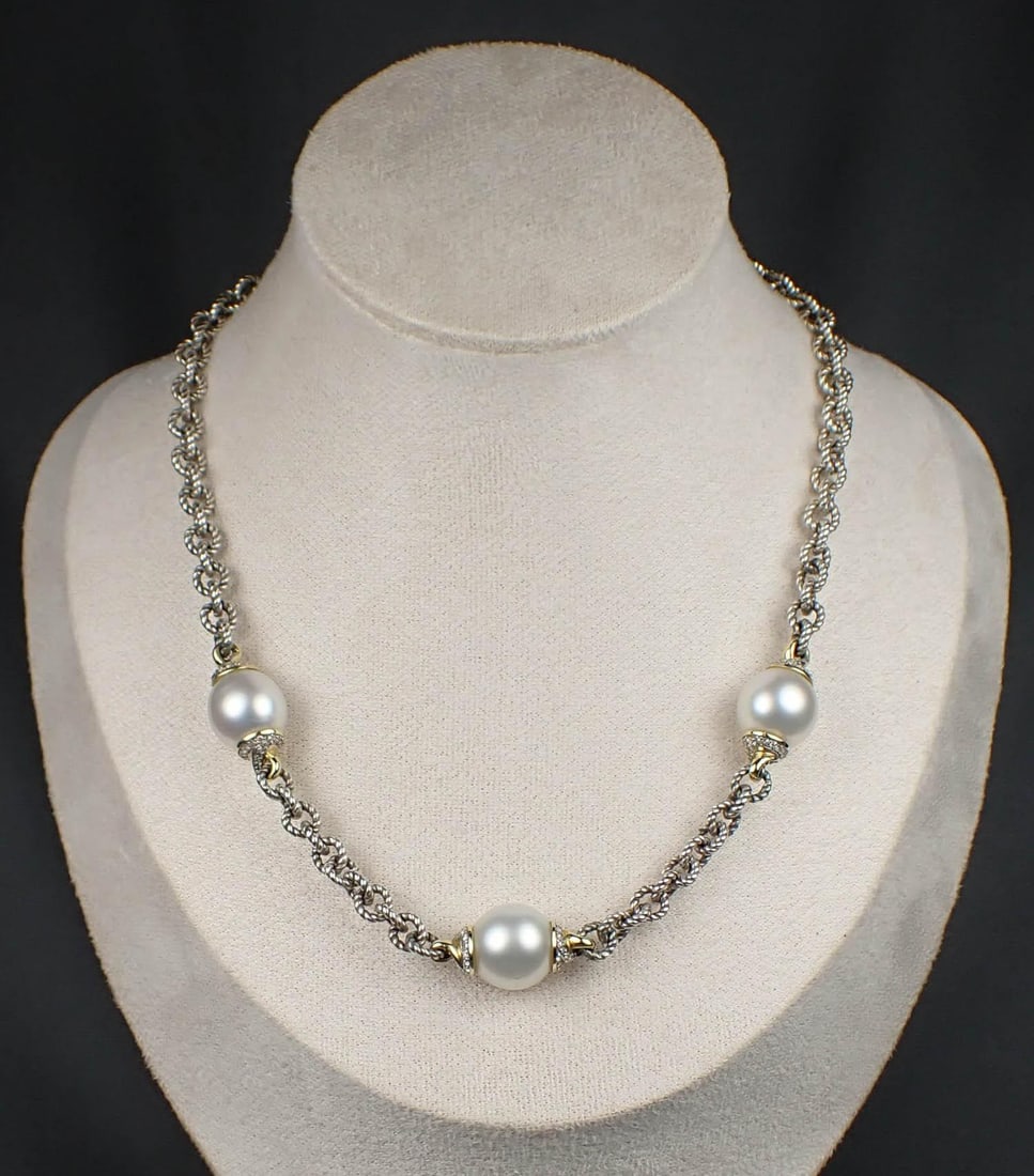 DAVID YURMAN: PEARL & DIAMOND TOGGLE CHAIN NECKLACE: DAVID YURMAN: PEARL & DIAMOND TOGGLE CHAIN NECKLACE,16 inch sterling silver cable chain with toggle clasp and featuring three South Sea cultured pearl, diamond and 18k yellow gold links. The three pea