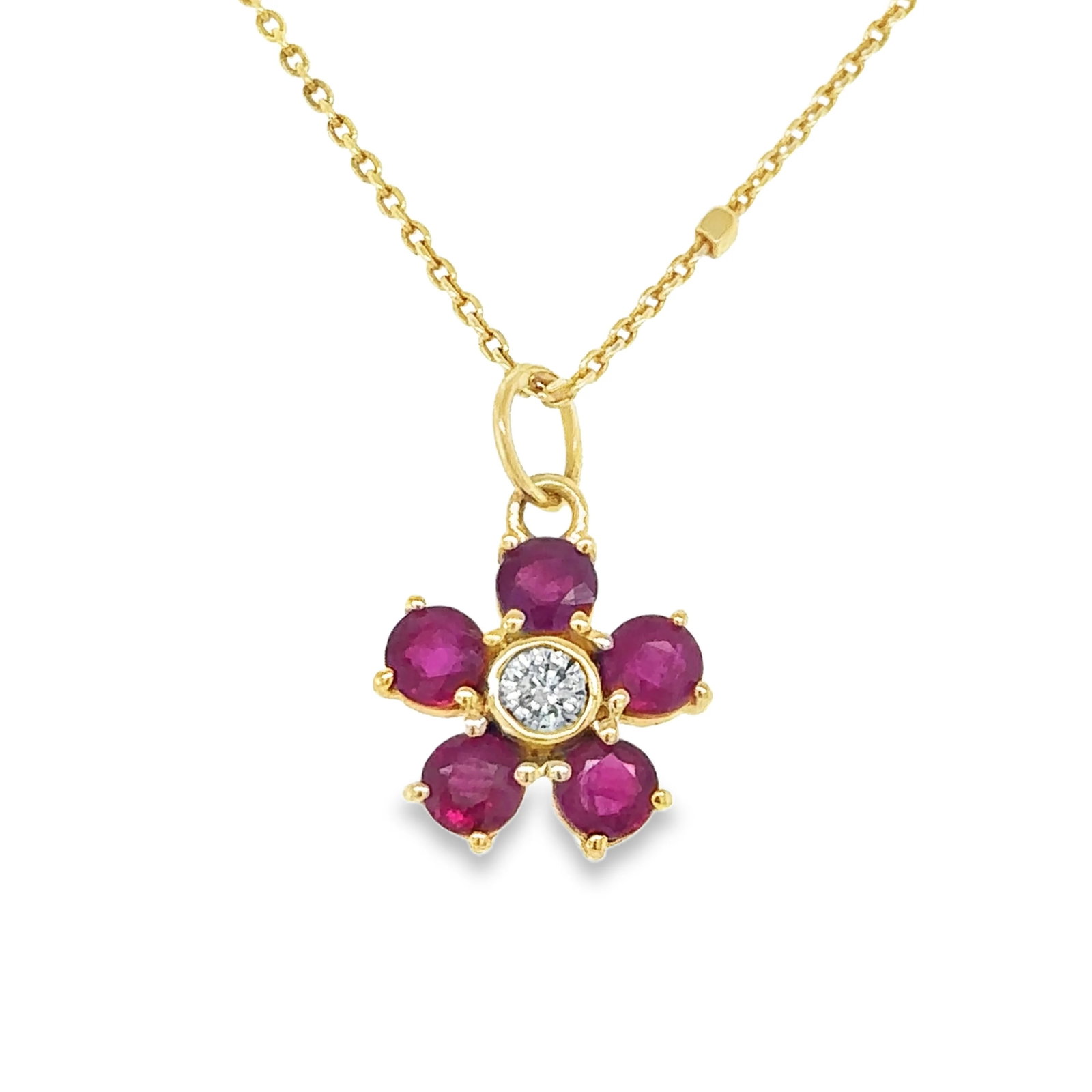 14KT YELLOW GOLD FLOWER WITH DIAMONDS AND RUBY NECKLACE (1 of 1)