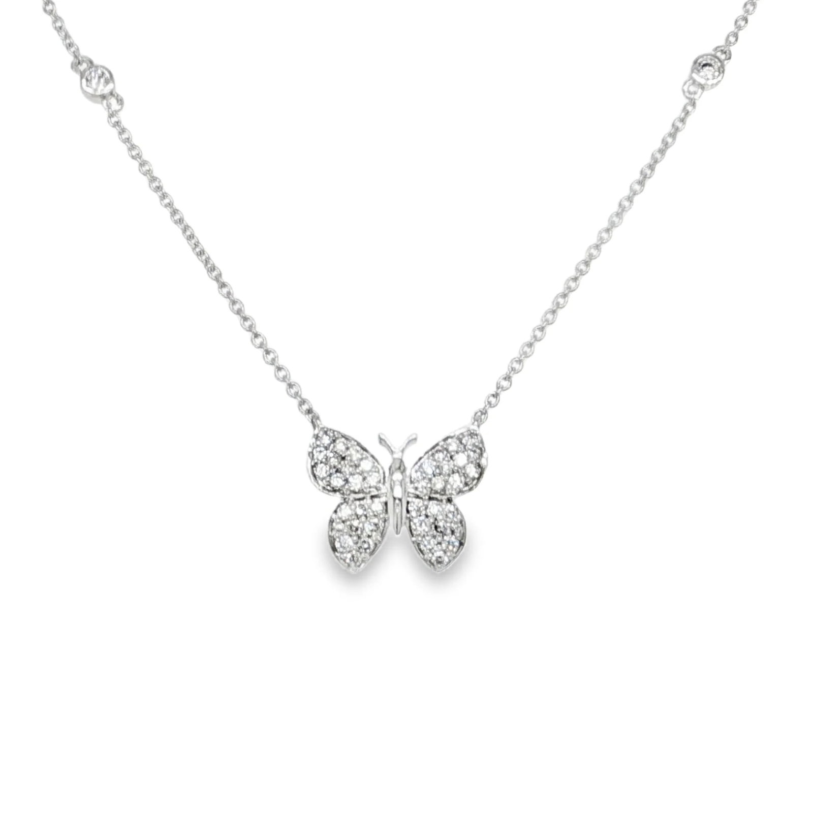14KT WHITE GOLD BUTTERFLY DIAMOND NECKLACE: 14KT WHITE GOLD BUTTERFLY DIAMOND NECKLACE 18"14KT GOLD WT. APPROX. 3.178 GRAMDIAMOND WT. APPROX. 0.31 CARAT / 44 PCS18" LONG CHAIN WITH ADJUSTABLE RING ON 16" AND 17"